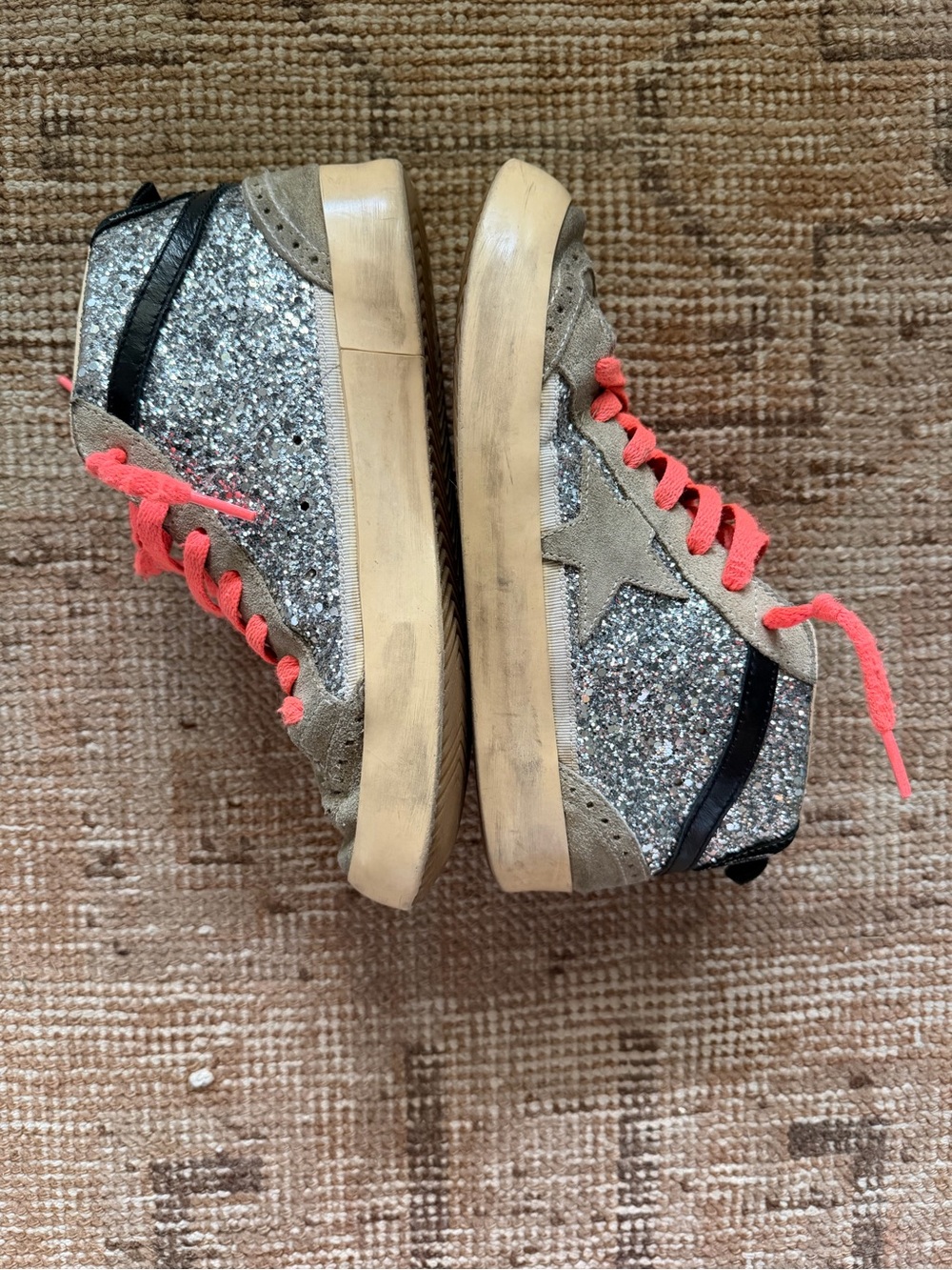 Golden Goose Silver Glitter High-Top Sneakers with Coral Laces